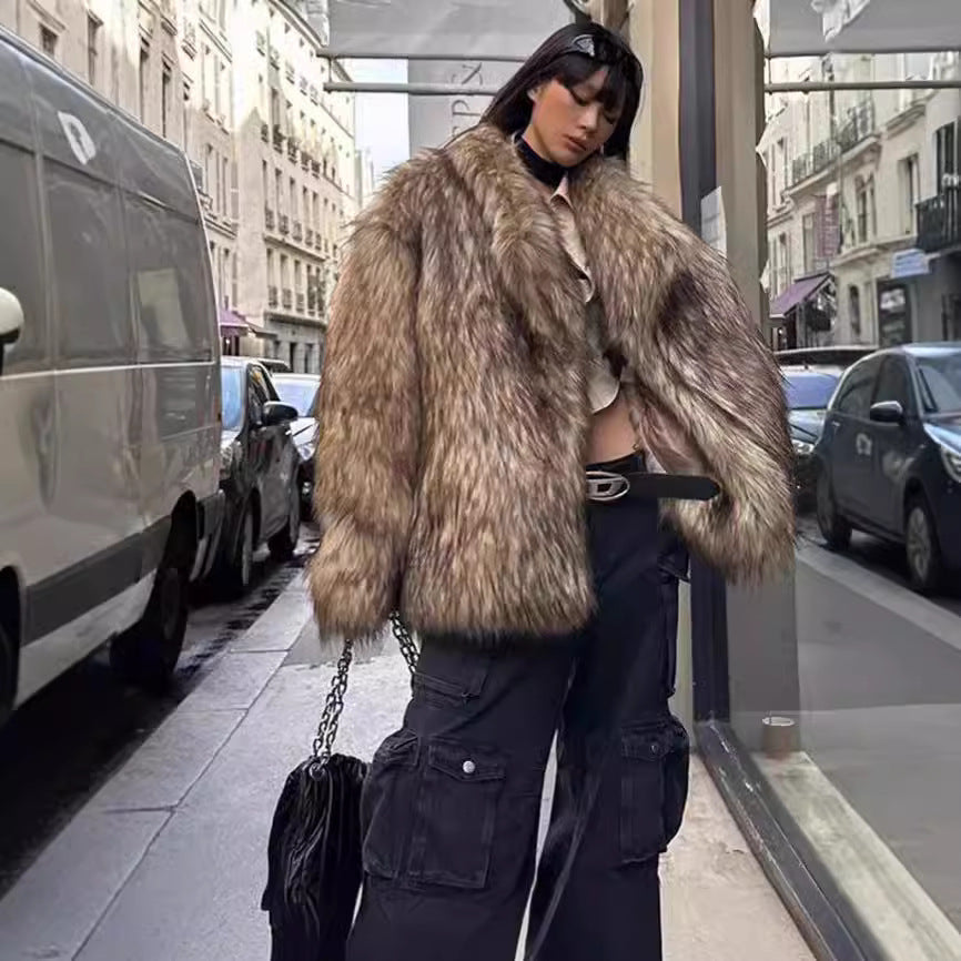 Women's Imitation Fur Coat Imitation Raccoon Fur Coat Lapel Environmentally Friendly Fur Warm Fur Coat European And American Casual
