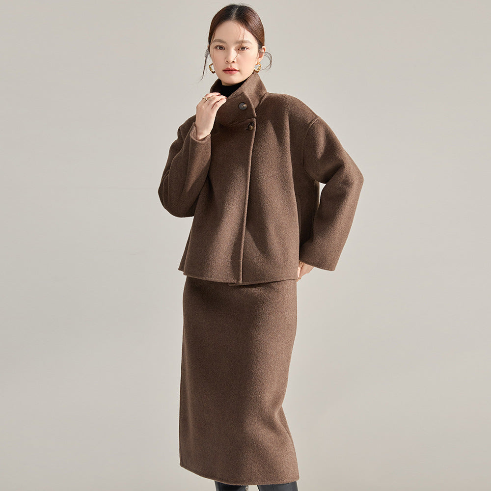 25 Autumn/Winter New Style Stand Collar Short Cashmere Tencel Double-Sided Wool Suit Top 22602 Skirt 22603