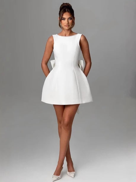 Foreign Trade European And American New Women's Clothing Pearl Bow Slim Short Skirt Sexy Waist Backless A-Line Pure Color Dress