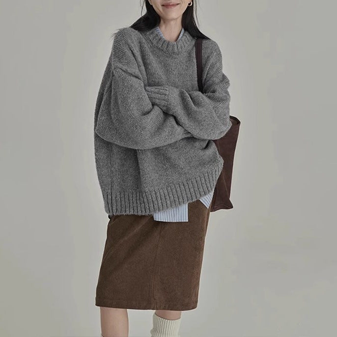 Japanese Style Retro Gray Knitwear Women's Winter Round Neck Loose Lazy Style Outer Wear Inner Layering Knitwear Thick Top