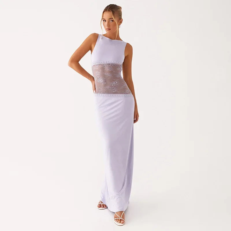 Robe longue dos nu à empiècement transparent
