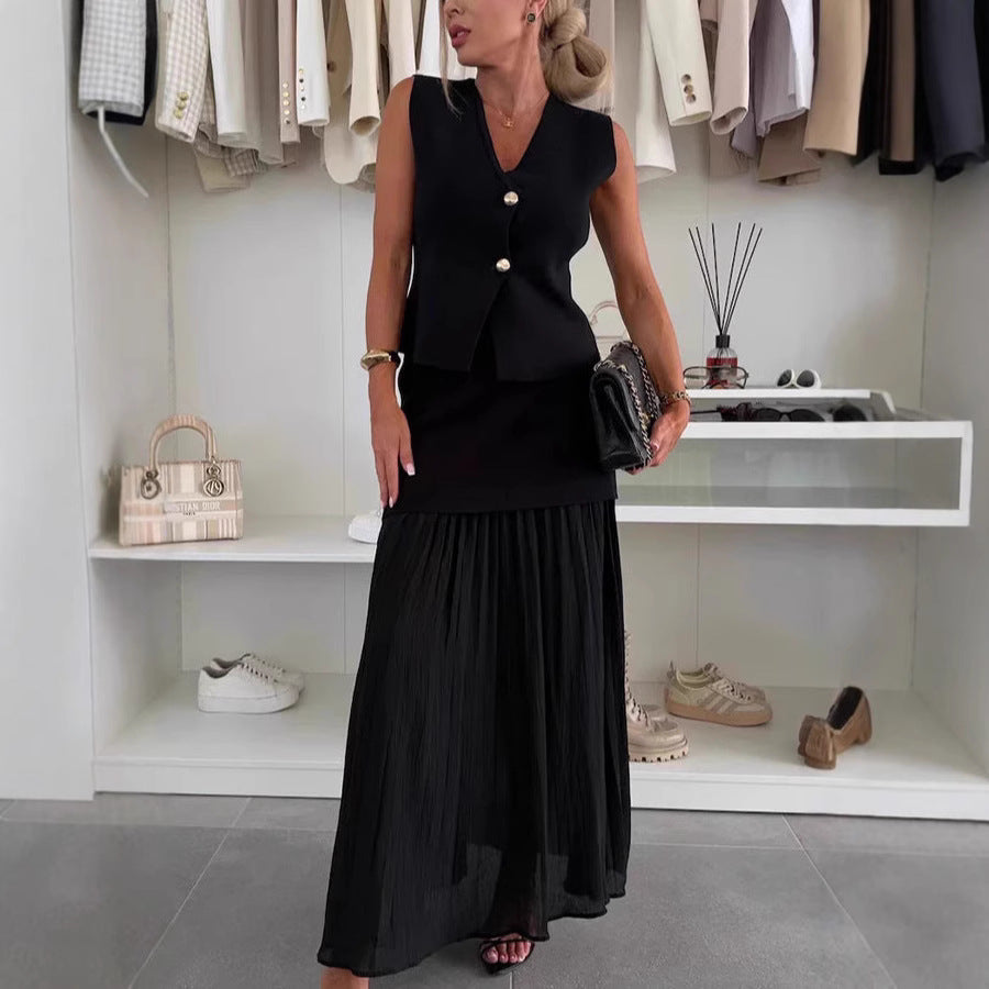 Cross-border 2025 Summer Women's Elegant Slim-fit Knitted Vest Top Tulle Stitching Pleated Long Dress Fashion Suit