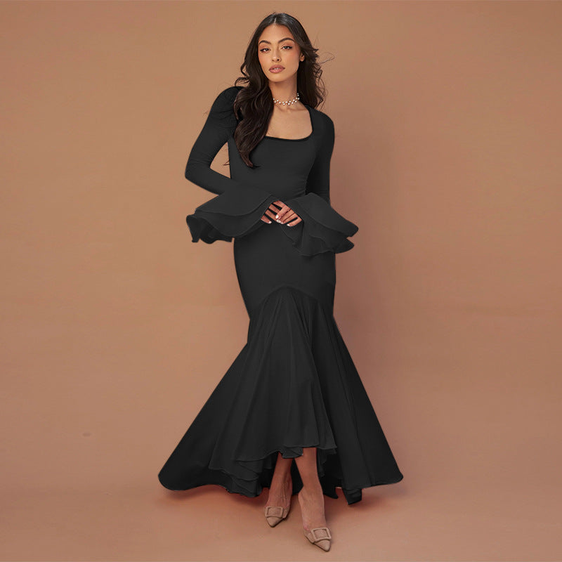 JY24529 Sexy Square Collar Long Sleeve Ruffled Dress Women's 2024 Autumn European And American Style Cross-border Fashion Dress
