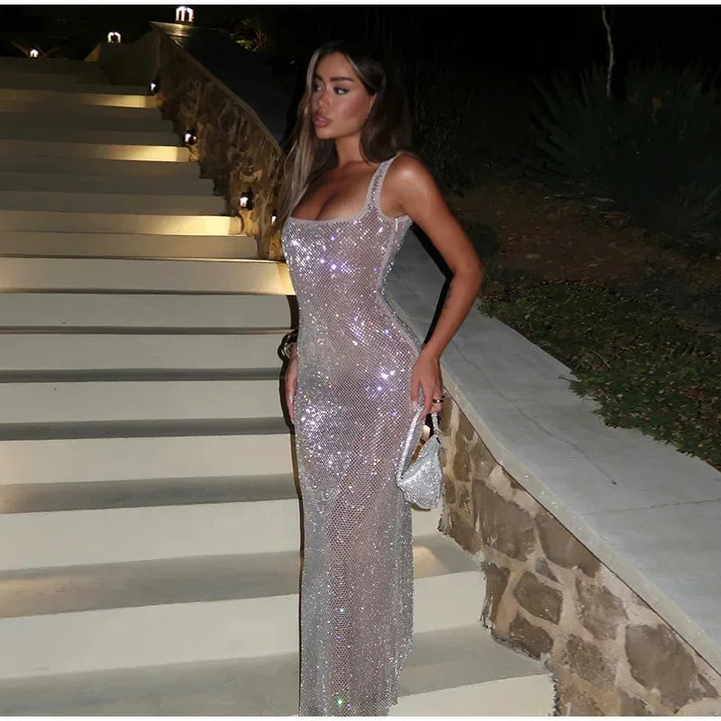European And American Cross-border 2024 Autumn Women's Dress Personality Street Fashion Party Sequin Square Collar Slim-fit Dress