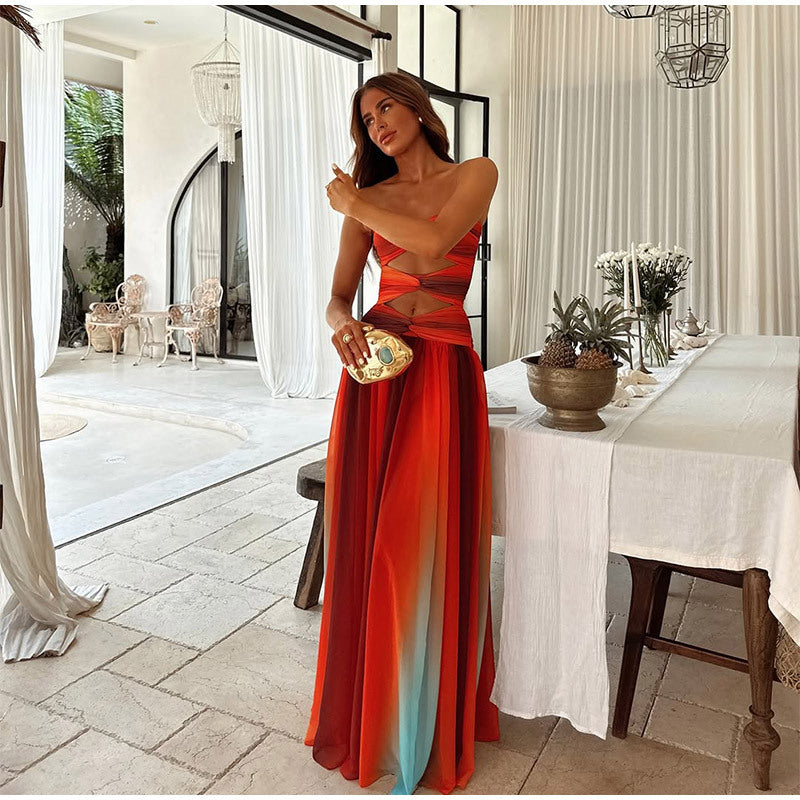 Strapless Hollow-out Dress European And American Women's Clothing Holiday Beach Split Large Swing Dress Sleeveless Wrapped Chest Printed Women