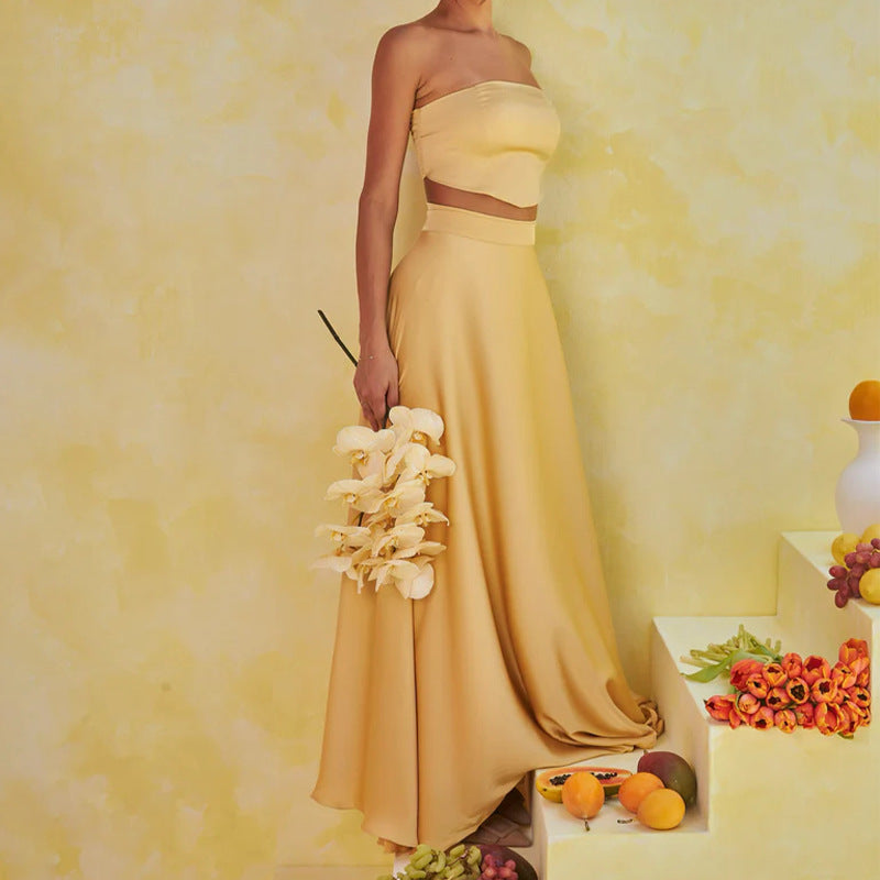 2025 European And American Foreign Trade Cross-border Summer Strapless Sexy Top High Waist Skirt Light Luxury Dress Suit Women's Dress