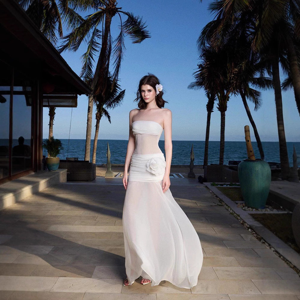 Seaside Holiday Style Perspective Mesh Strapless Skirt Design Sense Slim-fit Temperament Long Skirt Travel Photograph Beautiful Skirt