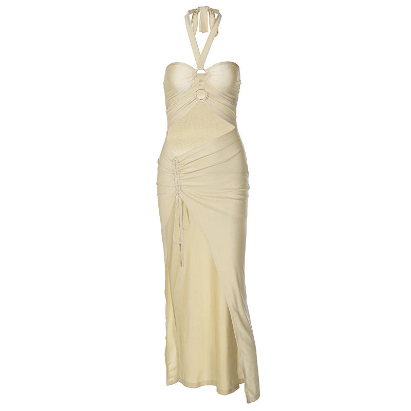 French New European And American Women's Solid Color Stitching Hollow Neck Elegant Fashion Split Dress Amazon Wholesale