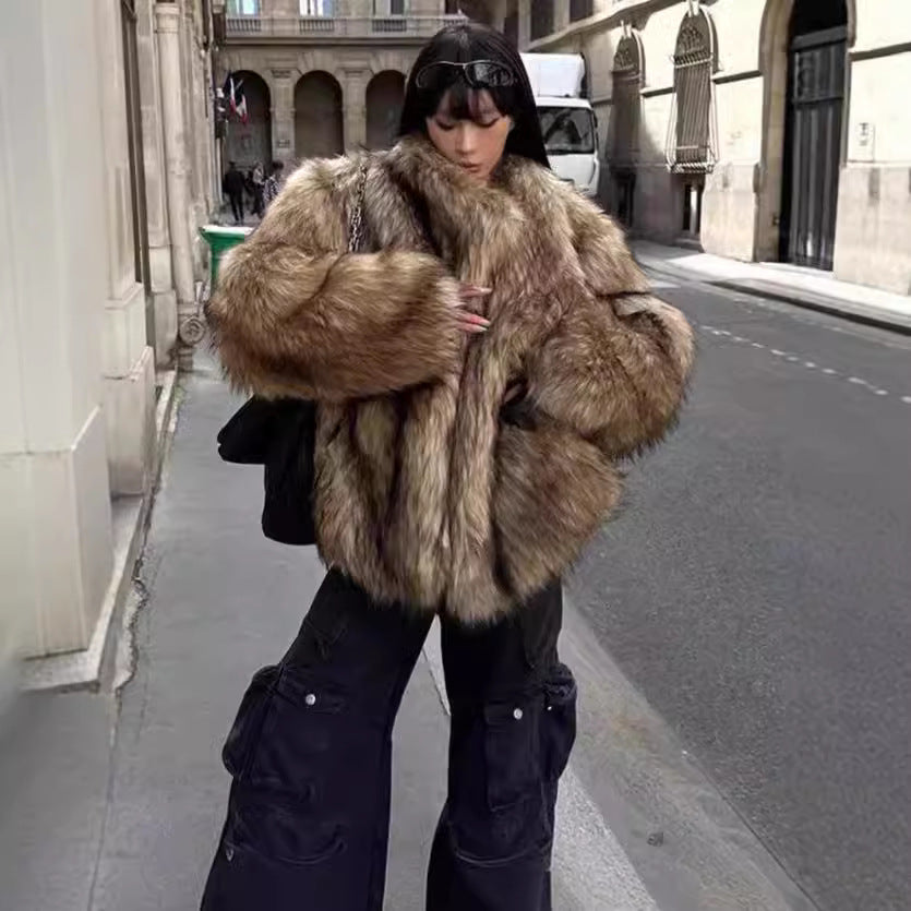 Women's Imitation Fur Coat Imitation Raccoon Fur Coat Lapel Environmentally Friendly Fur Warm Fur Coat European And American Casual