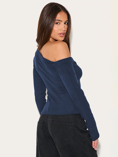 2025 Autum Export Hot-Selling Women's Slanted Shoulder Long-Sleeved Button Knitted Cardigan T-Shirt Y2K Sexy Style Slim Top