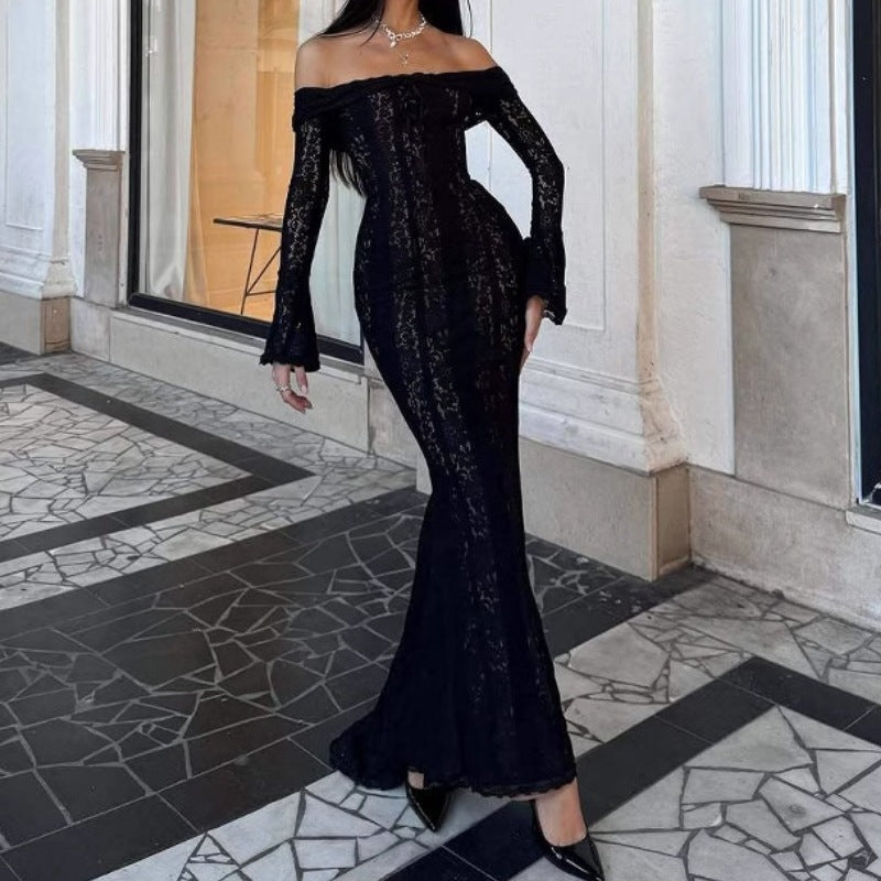Robe Longue Épaules Dénudées en Dentelle