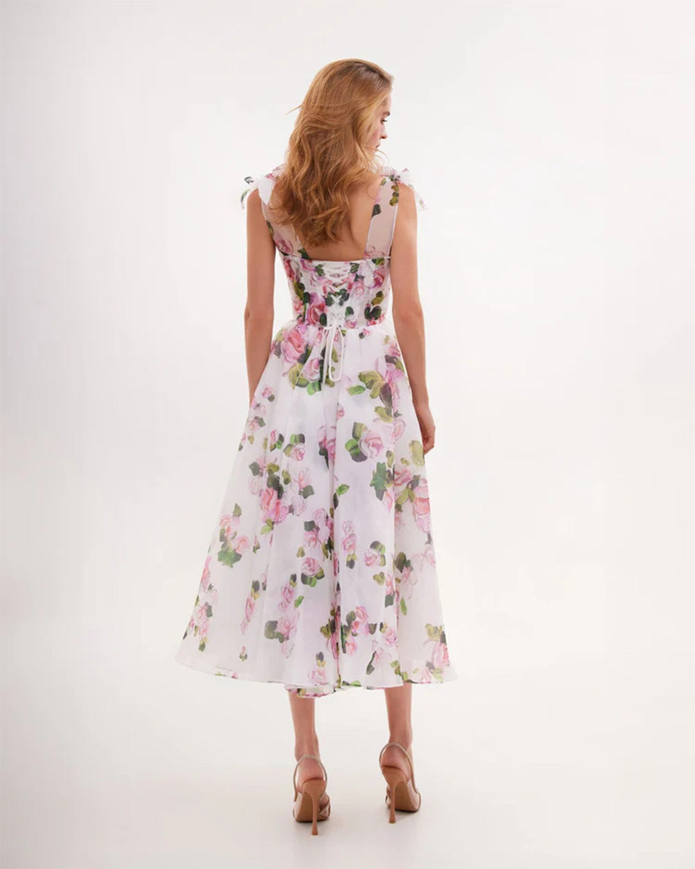 Robe Longue Épaules Dénudées – Fleurs & Élégance en Organza