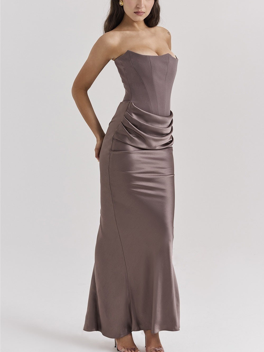 European And American Ins Cross-border New Multi-color Waist Tube Chest Off-shoulder Fishbone Pleated Long Hip Conjoined Dress