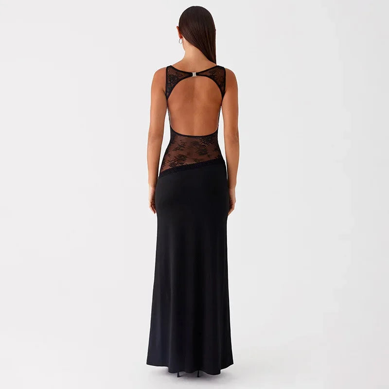 Robe longue dos nu à empiècement transparent