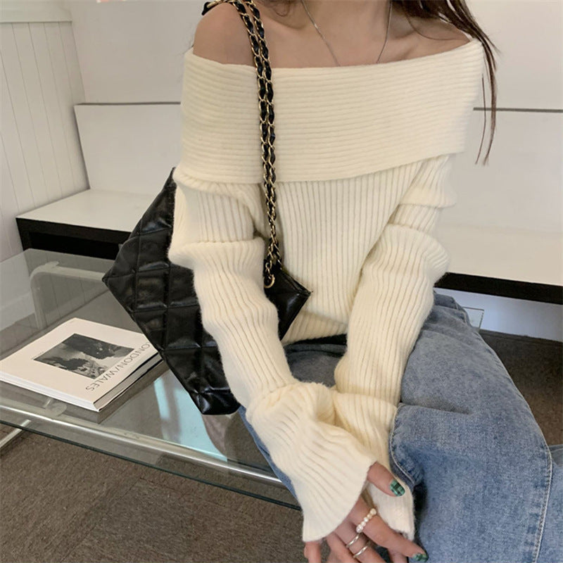 Sexy White One-Line Collar Knitwear Bottoming Shirt With Feminine Collarbone Off-Shoulder Knitwear For Slimming Look Outer Wear