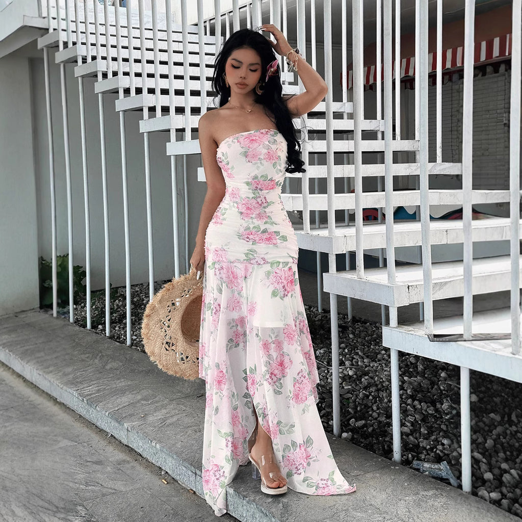 Tea Break Pastoral Style Gentle Floral Mesh Irregular Strapless Long Skirt Pleated Waist Design Sense Hip Wrap Dress