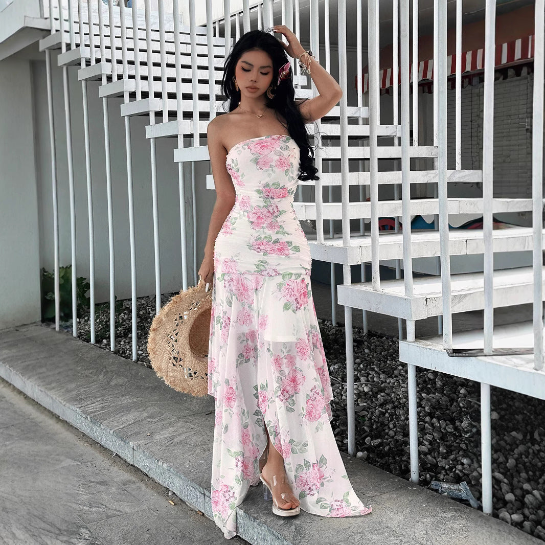 Tea Break Pastoral Style Gentle Floral Mesh Irregular Strapless Long Skirt Pleated Waist Design Sense Hip Wrap Dress