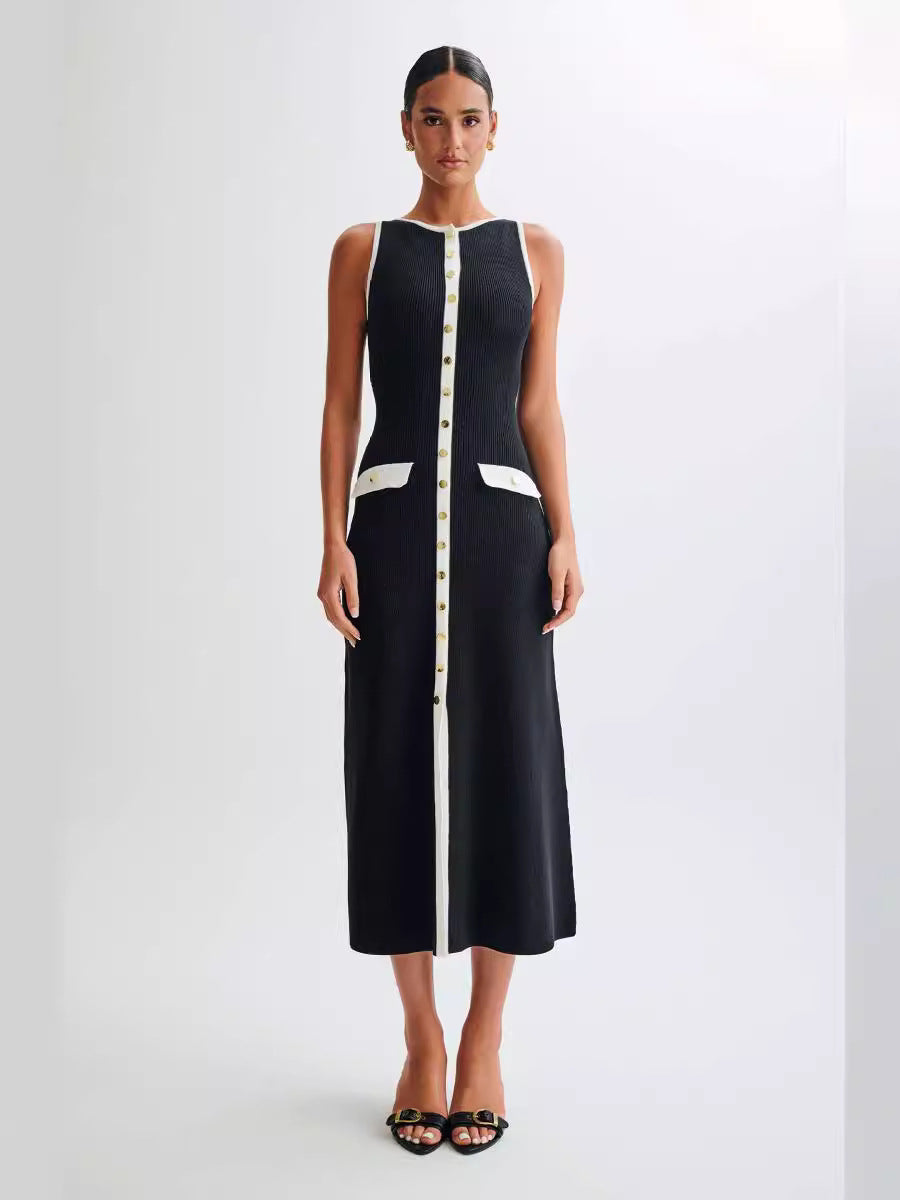 Summer New Knitted Dress European And American Dress Round Neck Sleeveless Button Fashion Sexy Slim Long Skirt