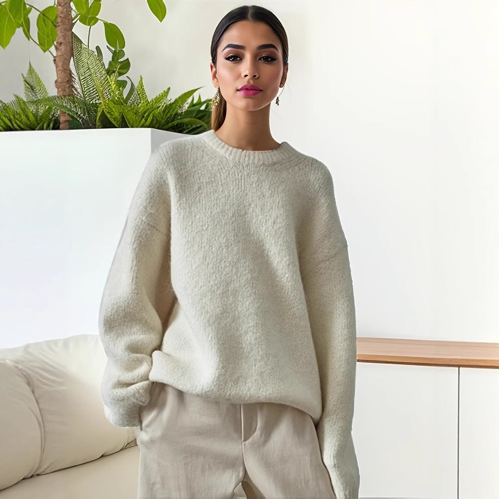 European And American Cross-border Autumn And Winter New Style Mauhair Knitted Loose Sweater Thickened Plus Size Lazy Style Women's Round Neck Pullover