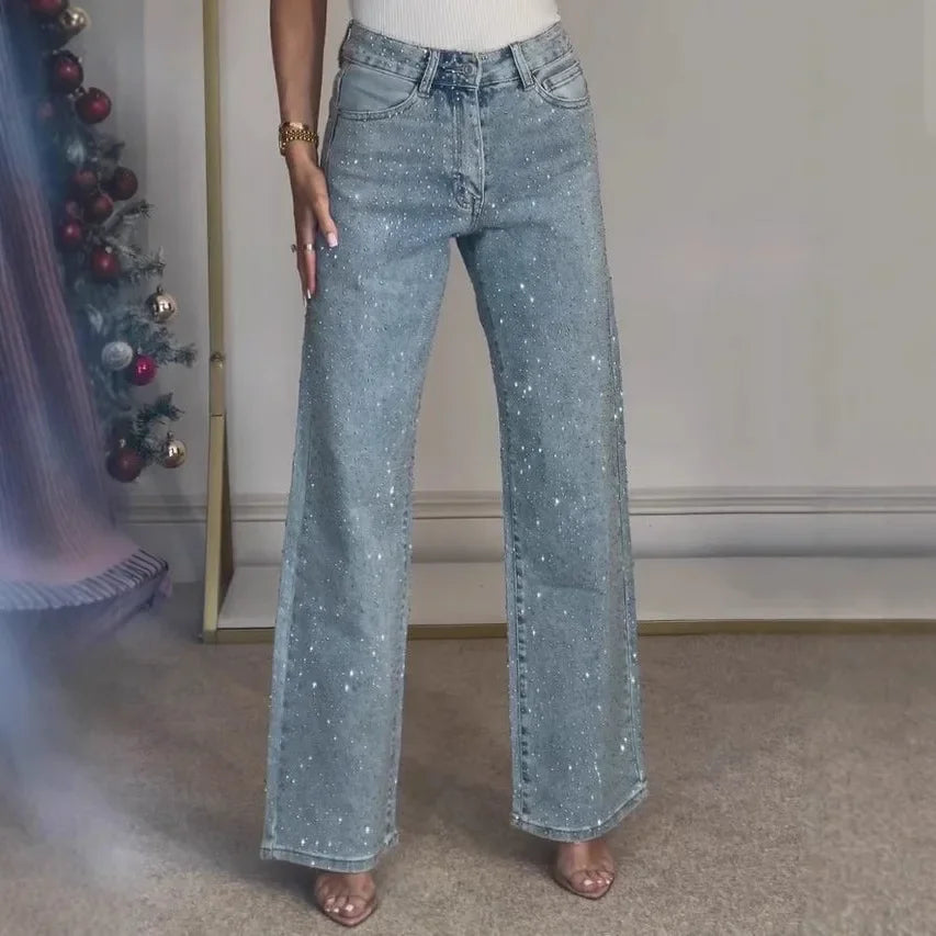 Foreign Trade Europe And America Amazon Women's Wear Full Diamond Washed Jeans Women's High-grade High Waist Straight Pants Spice Girls Pants
