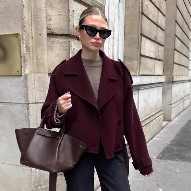 Autumn And Winter French Brown Woolen Coat Women's Commuter Fashion Thickened Double-breasted Woolen Coat Jacket Loose Women's Clothing