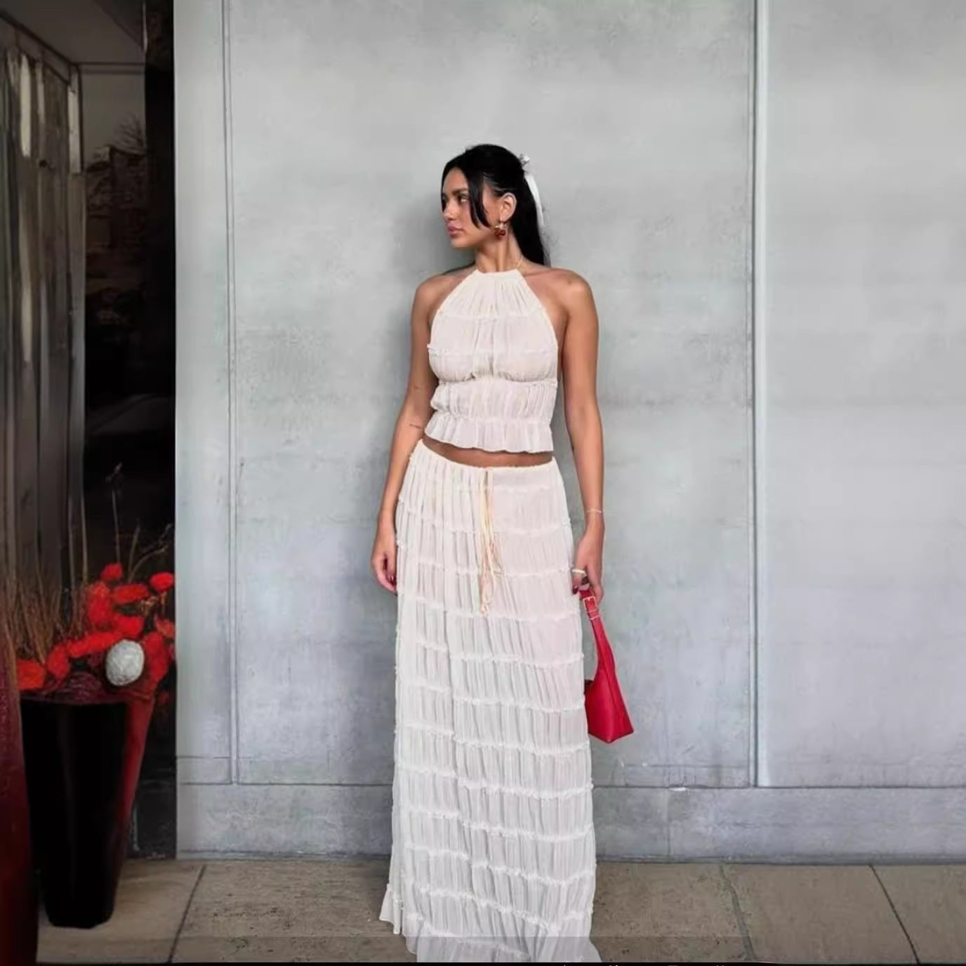 2024 Spring And Summer New European And American Fashion Sexy Backless Neck Strap Pleated Lace Vest Dress Suit