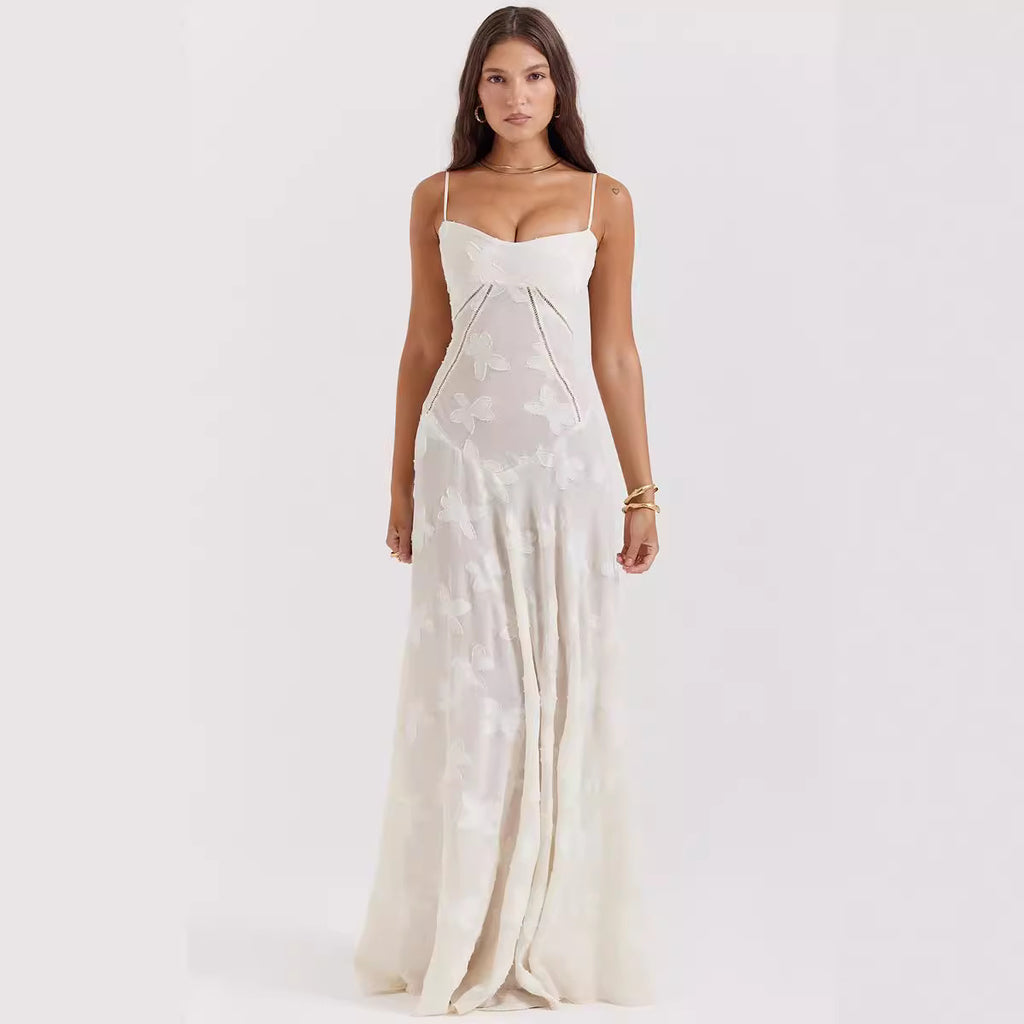 Sexy Sleeveless Strap Backless Dress Women Chiffon Embroidered Square Collar Ball Evening Dress 2024