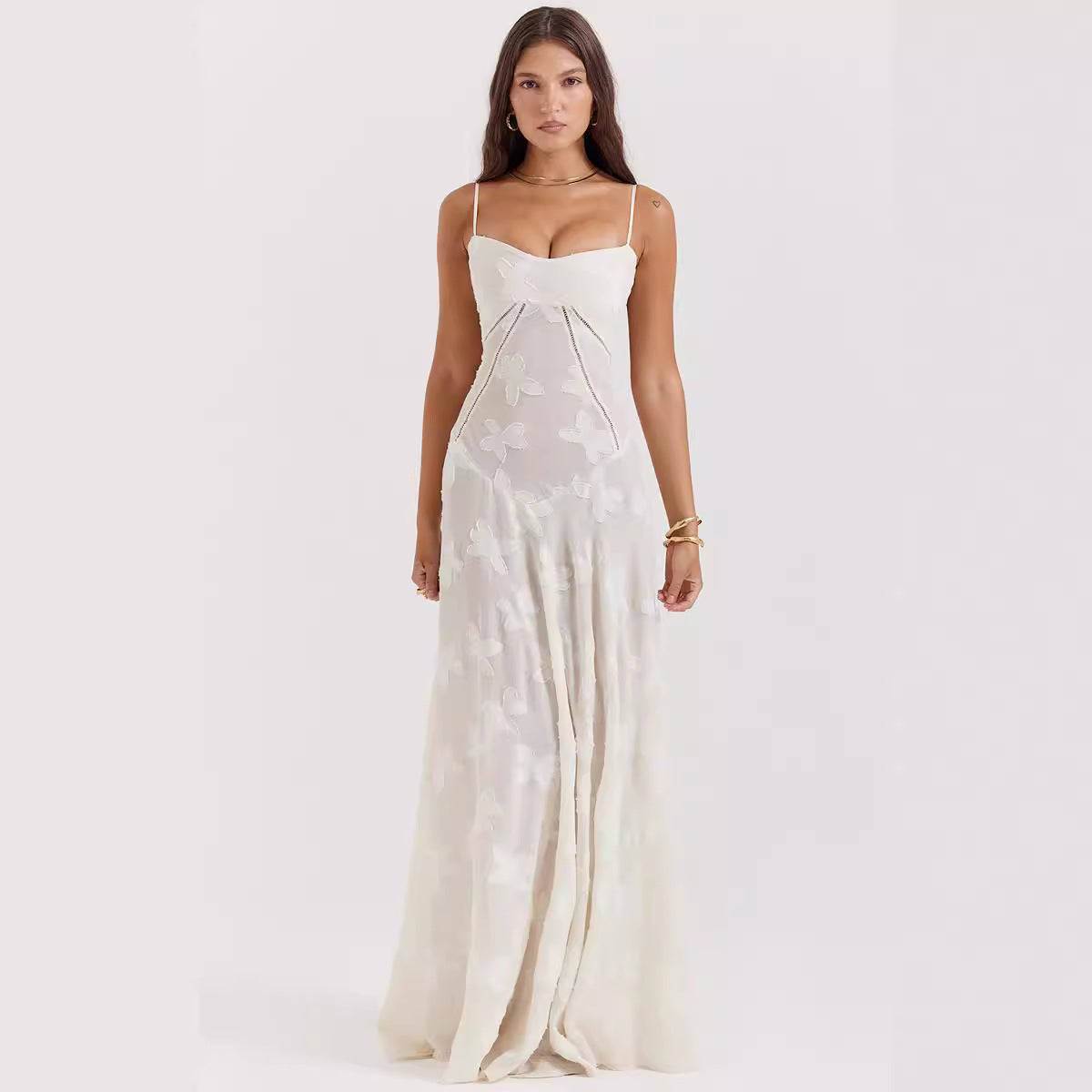 Sexy Sleeveless Strap Backless Dress Women Chiffon Embroidered Square Collar Ball Evening Dress 2024