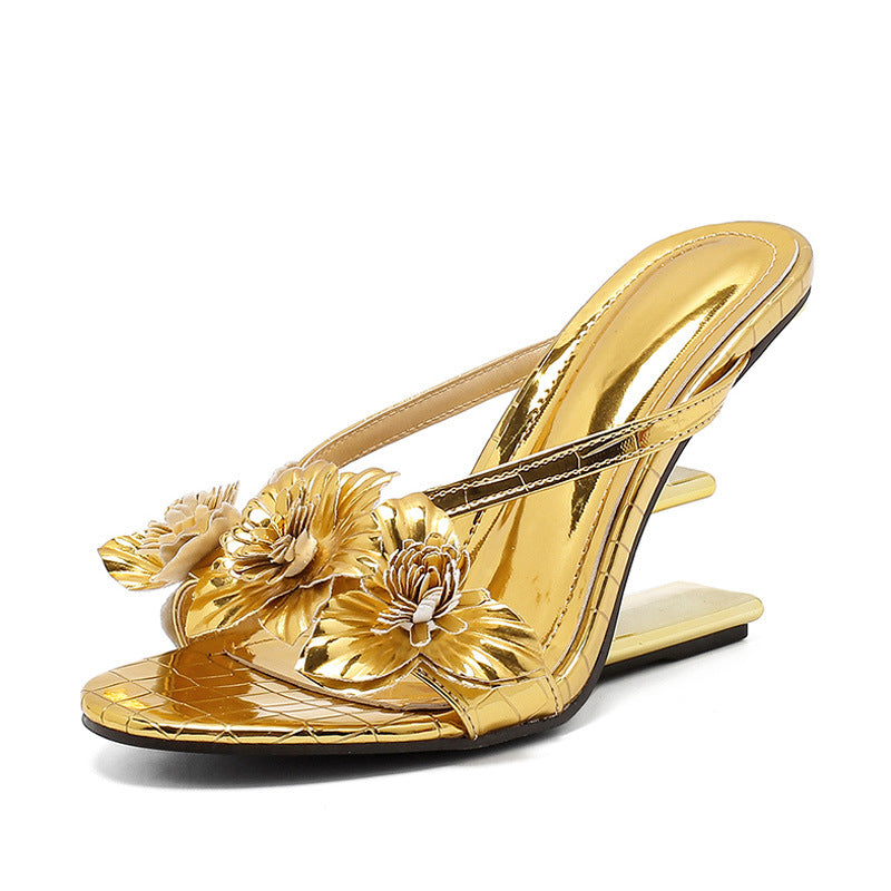 Summer Beautiful Flower Decorative Shaped Metal Heel High Heels 2025 New Round Toe Open Toe Outer Wear Slippers