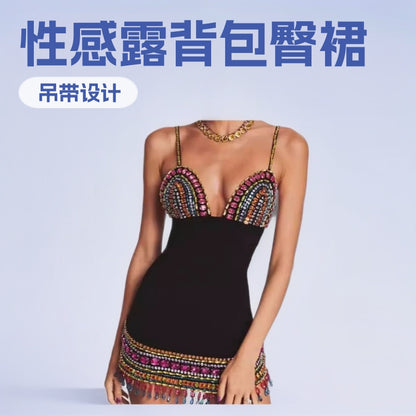Celebrity Style New Black Suspender Sexy Backless Colorfulful Hand-Made Diamond Hip Skirt Bandage Dress