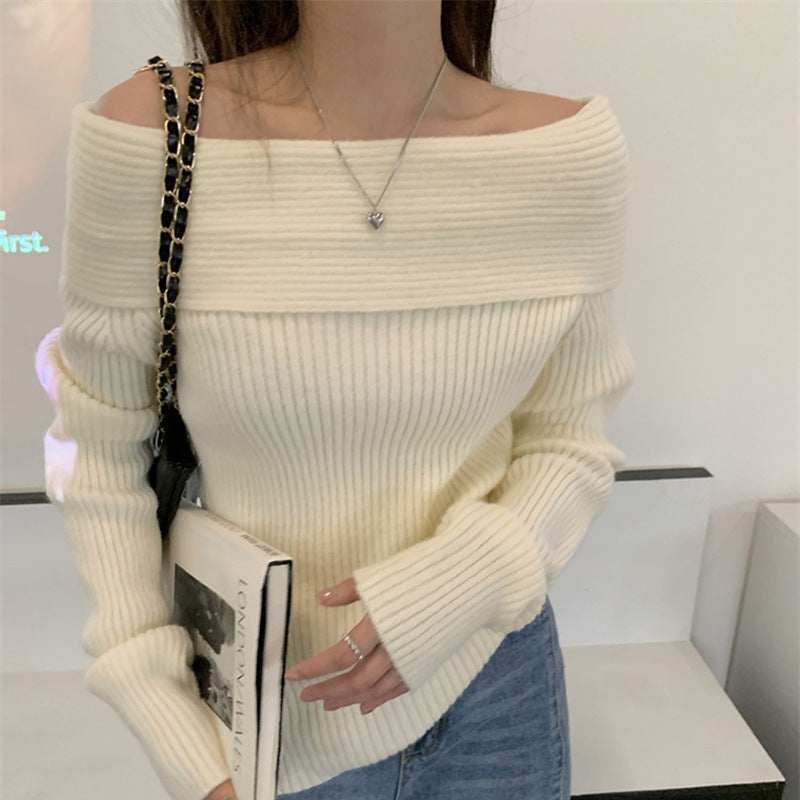 Sexy White One-Line Collar Knitwear Bottoming Shirt With Feminine Collarbone Off-Shoulder Knitwear For Slimming Look Outer Wear