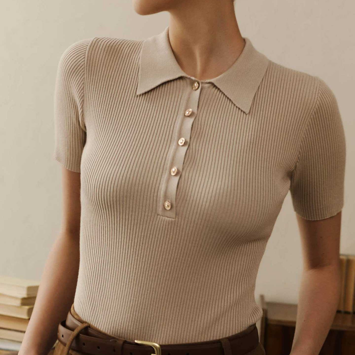 Knitted Lapel Top Short Sleeve Summer 2025 New European And American Cross-border Tight Slimming Pullover Threaded Top For Women