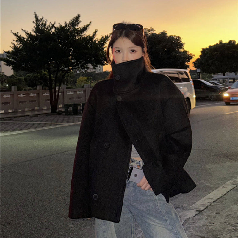 Real Shot 2024 New Autumn And Winter Korean Style Korean Style Solid Color All-match Loose Short Quilted Coat Woolen Cloth Coat