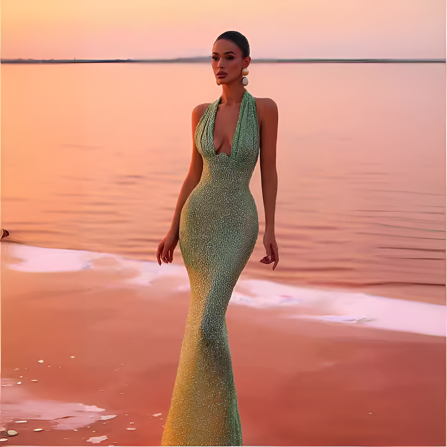Robe Longue Sirène Femme – Col Halter, Dos Nu, Décolleté Plongeant, Paillettes Haute Couture