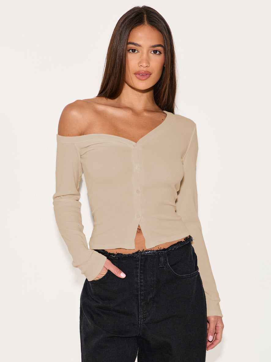 2025 Autum Export Hot-Selling Women's Slanted Shoulder Long-Sleeved Button Knitted Cardigan T-Shirt Y2K Sexy Style Slim Top
