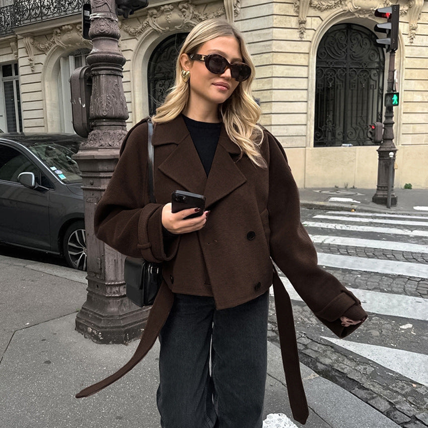 Autumn And Winter French Brown Woolen Coat Women's Commuter Fashion Thickened Double-breasted Woolen Coat Jacket Loose Women's Clothing