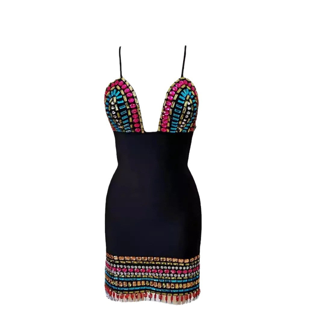 Celebrity Style New Black Suspender Sexy Backless Colorfulful Hand-Made Diamond Hip Skirt Bandage Dress