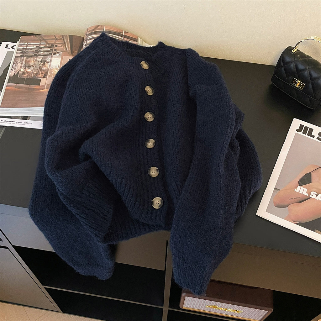 Real Shot Of Autumn And Winter Retro Pure Color Soft Waxy Cardigan Women's New Single-Breasted Round Neck Loose Thickened Versatile Sweater