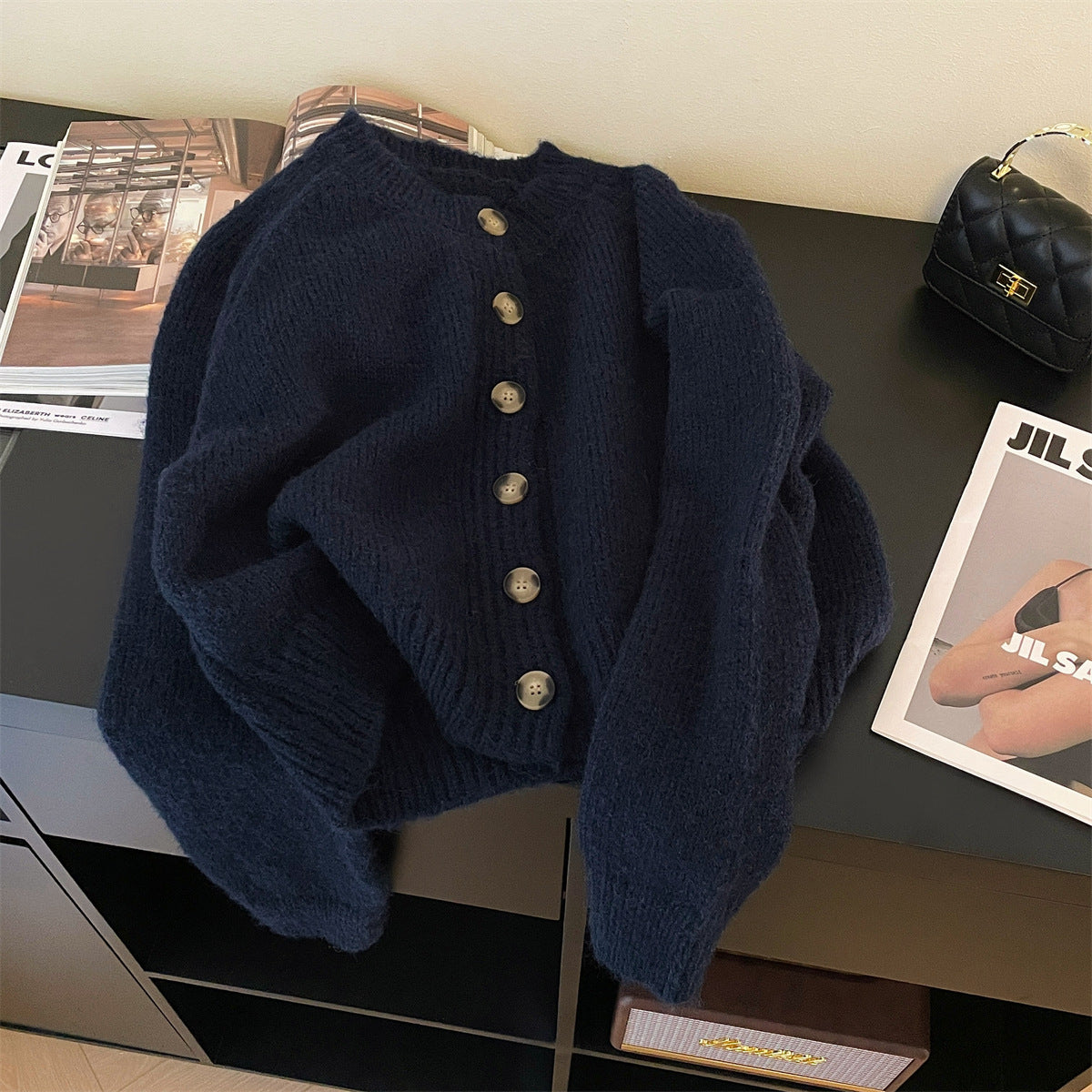 Real Shot Of Autumn And Winter Retro Pure Color Soft Waxy Cardigan Women's New Single-Breasted Round Neck Loose Thickened Versatile Sweater