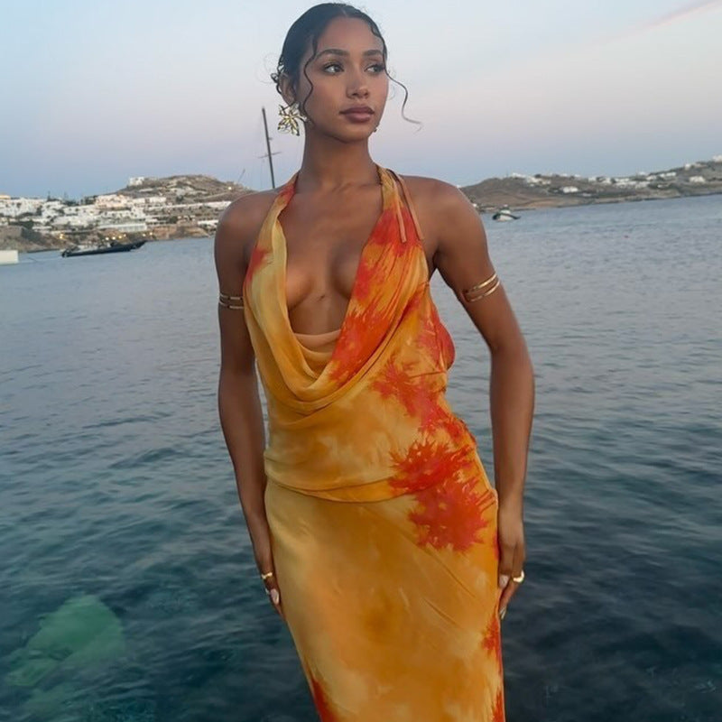 Robe Longue Dos Nu à Imprimé Flamme