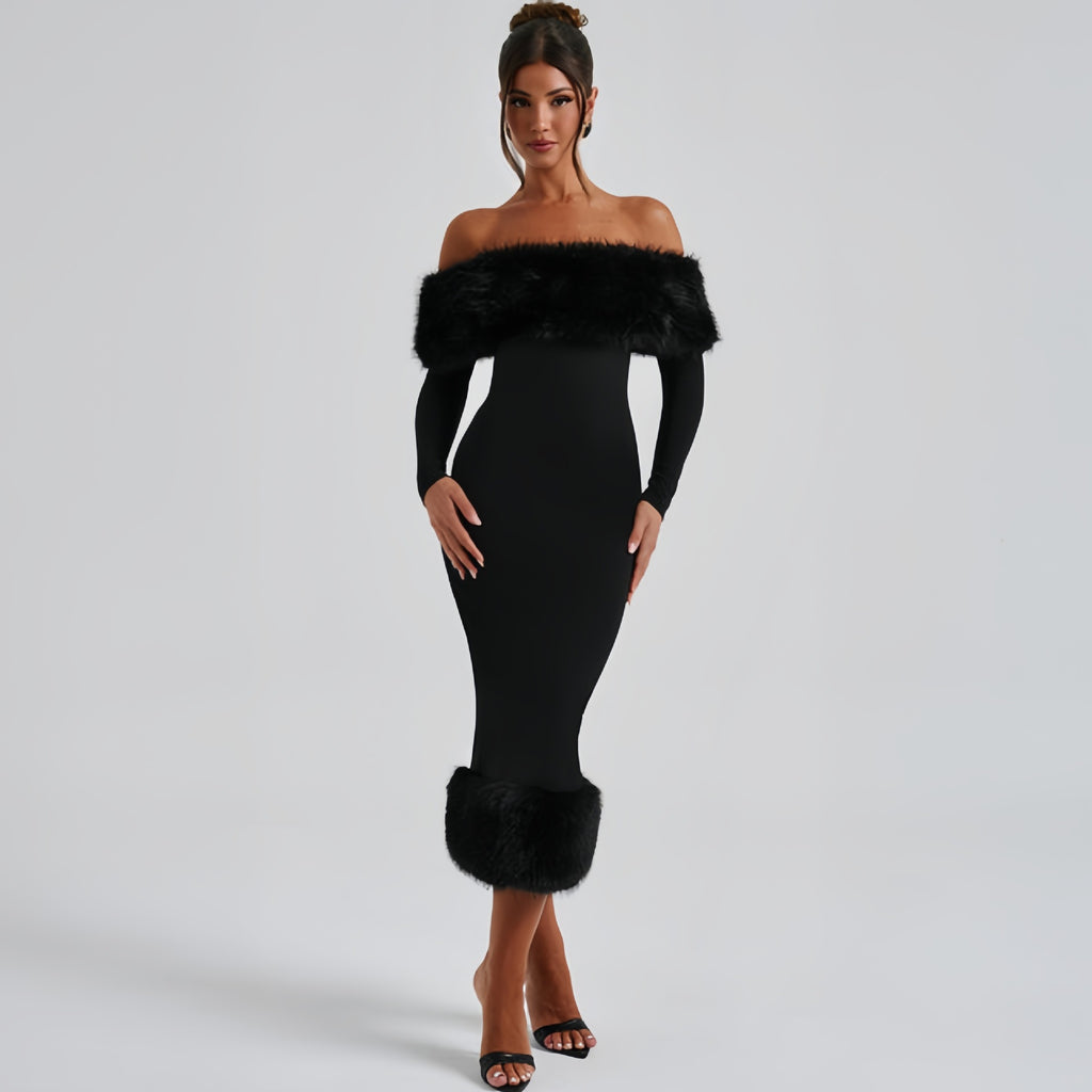 European And American Style Women's Clothing 2025 Autumn And Winter New Fashion Fur Collar Off-Shoulder Long-Sleeve Elegant Slim Evening Dress