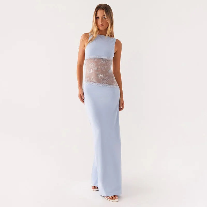 Robe longue dos nu à empiècement transparent