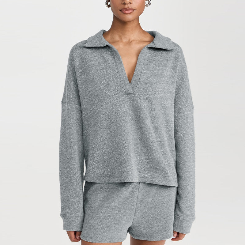 Cross-Border European And American Pullover Pure Color V Neck Loose Long-Sleeved Pullover Outdoor Fitness Shorts Casual Sports Suit For Women