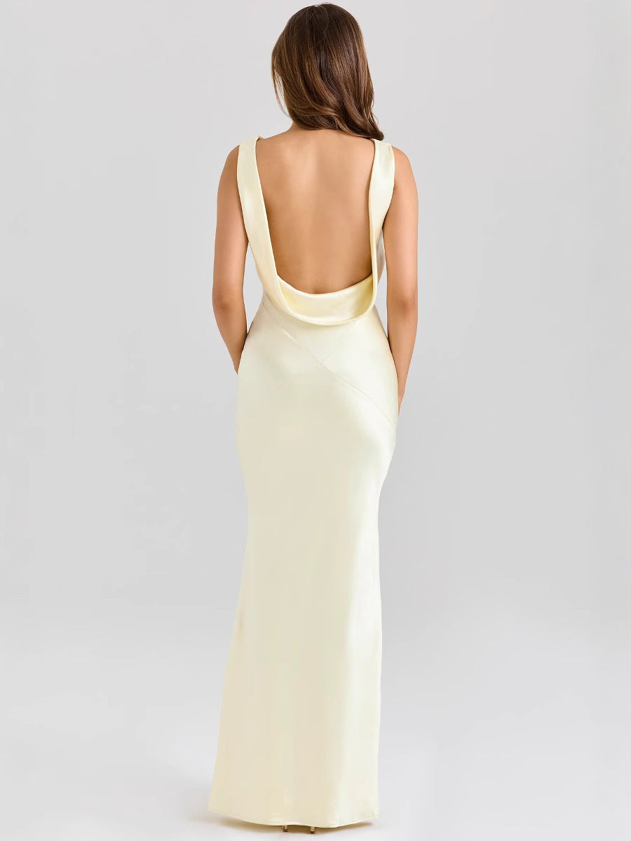 2025 European And American New Elegant Sleeveless Off-Shoulder Tight Long Pure Color Elegant High-End Satin Slim Dress