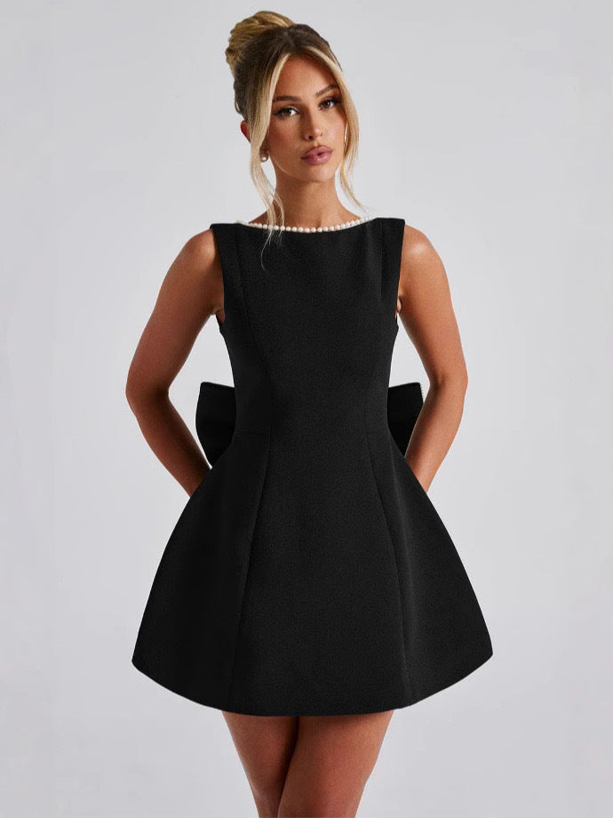 Foreign Trade European And American New Women's Clothing Pearl Bow Slim Short Skirt Sexy Waist Backless A-Line Pure Color Dress