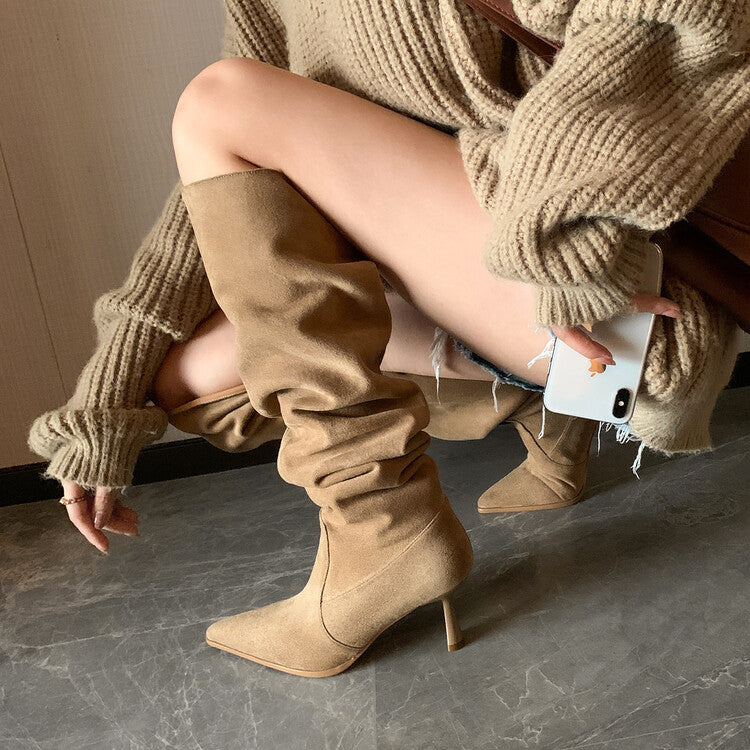 Large-Tube Pile Boots, Pointed-Toe Boots, Women's Large-Size Stiletto High Boots, High-Heeled Thick-Leg Over-The-Knee Boots