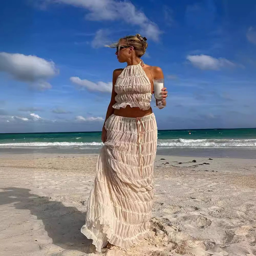 2024 Spring And Summer New European And American Fashion Sexy Backless Neck Strap Pleated Lace Vest Dress Suit