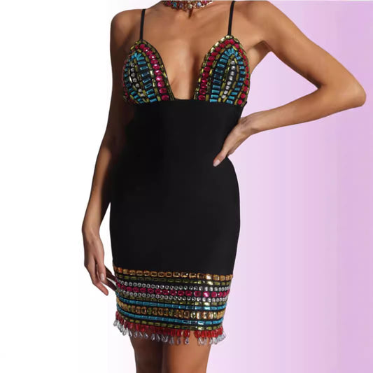 Celebrity Style New Black Suspender Sexy Backless Colorfulful Hand-Made Diamond Hip Skirt Bandage Dress