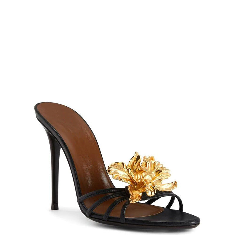 2025 Spring And Summer New Super Fashionable High Heel Golden Flower Sandals And Slippers Elegant Sexy Thin Heel Open Toe Women's Shoes