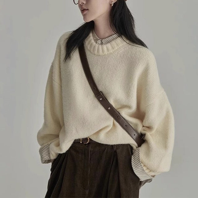 Japanese Style Retro Gray Knitwear Women's Winter Round Neck Loose Lazy Style Outer Wear Inner Layering Knitwear Thick Top